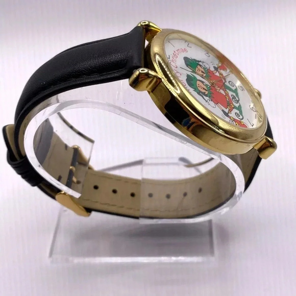 Vintage Christmas Watch Gold Tone Genuine Leather Band Holiday Elves New Battery - Picture 4 of 10